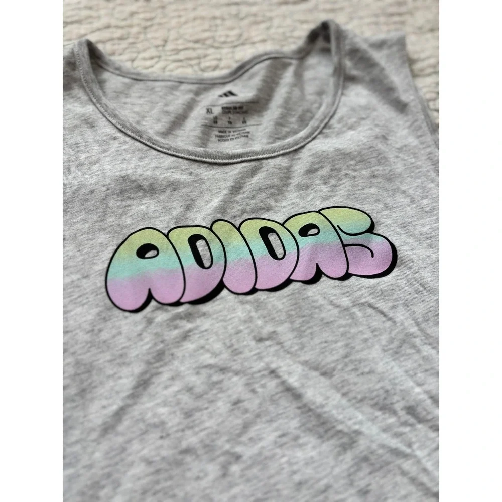 Adidas Girls XL 16 Gray Tank Top Rainbow Bubble Logo Split Back Sleeveless Shirt